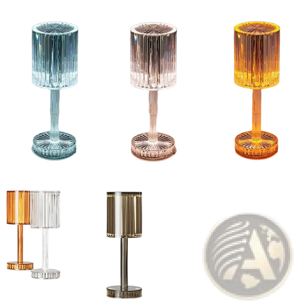 Crystal table lamp with clear ribbed glass cylindrical shade and metallic base 3 way dimmable touch night light