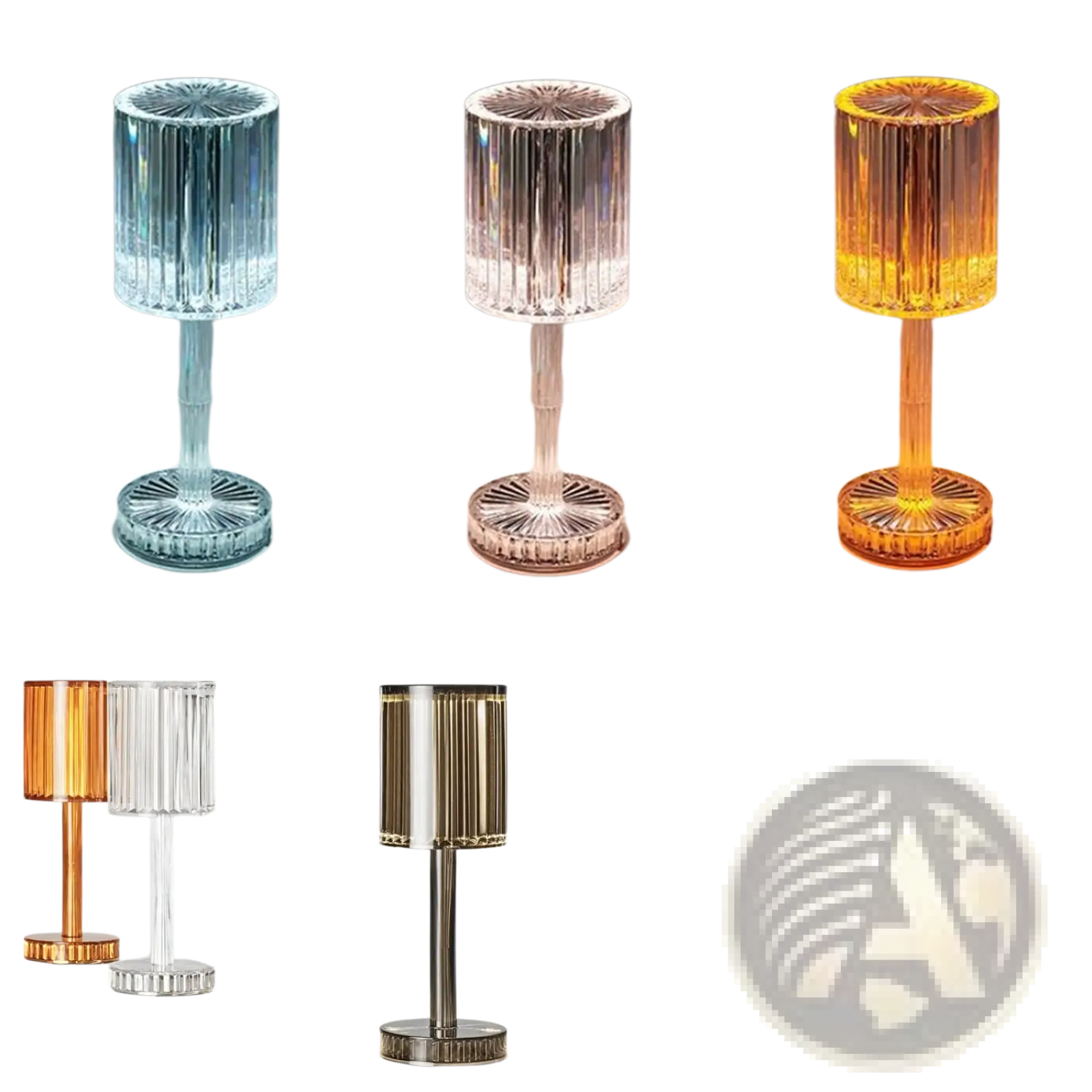 Crystal table lamp with clear ribbed glass cylindrical shade and metallic base 3 way dimmable touch night light