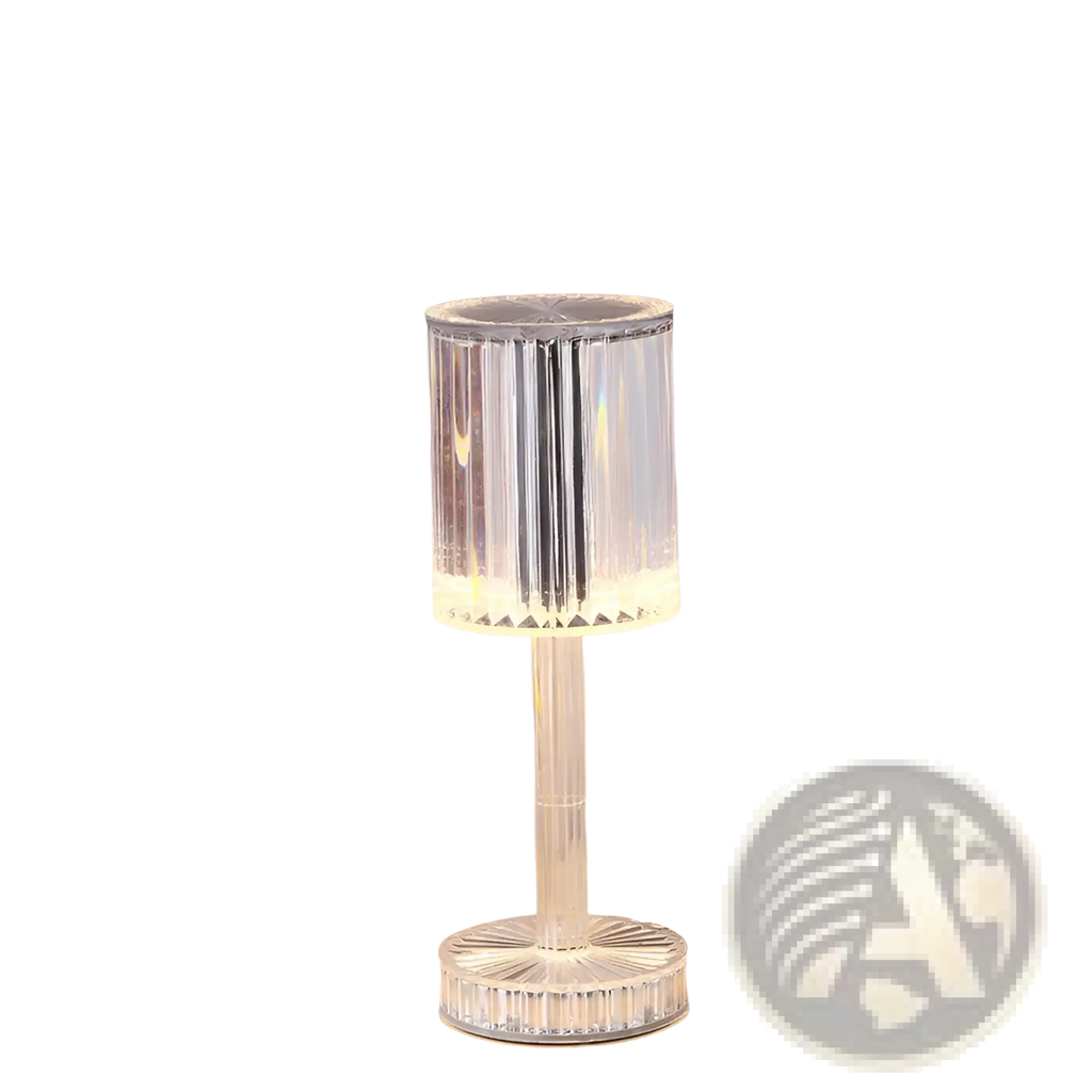 Crystal table lamp clear acrylic with fluted cylindrical shade and base emitting warm ambient light and dimmable touch control