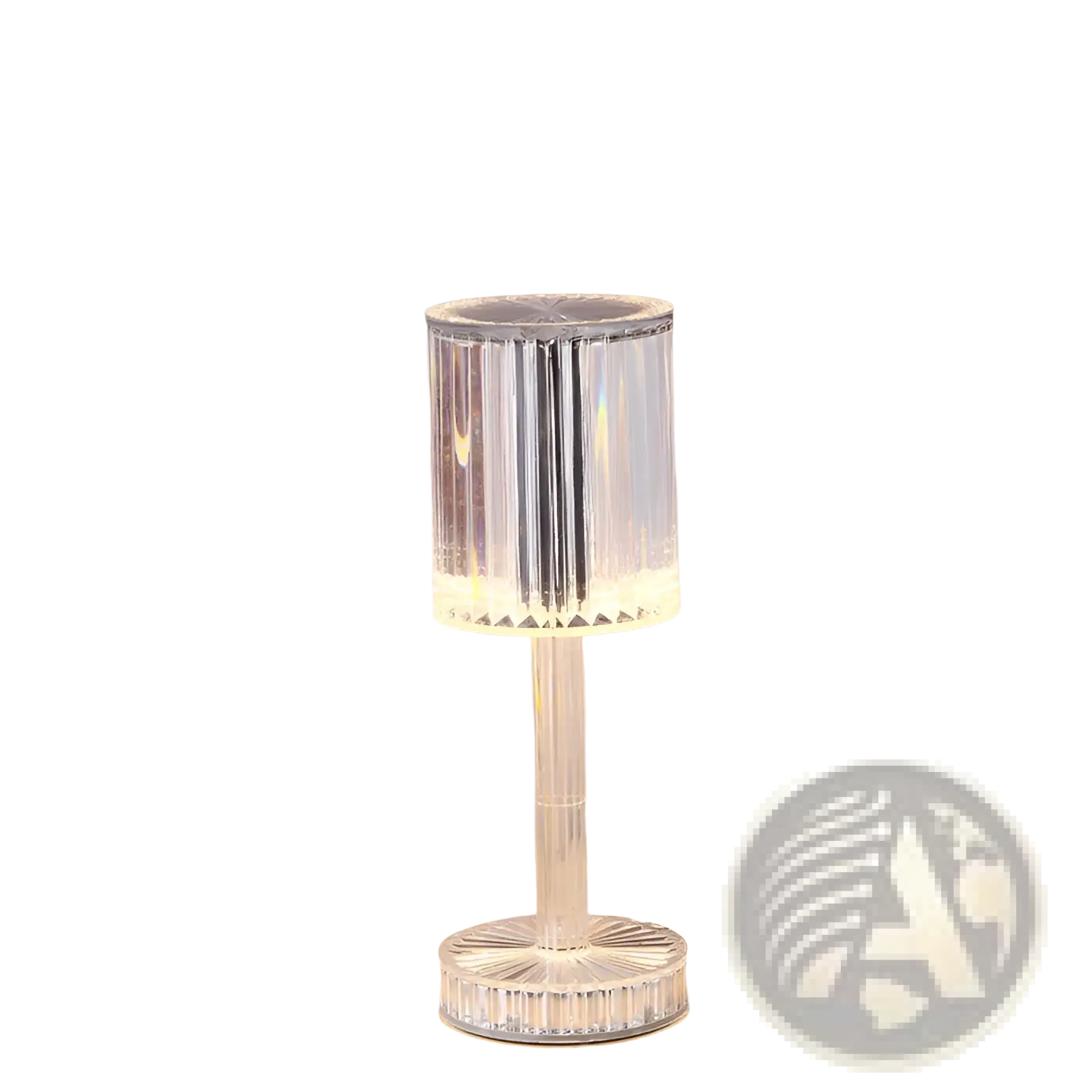 Crystal table lamp clear acrylic with fluted cylindrical shade and base emitting warm ambient light and dimmable touch control