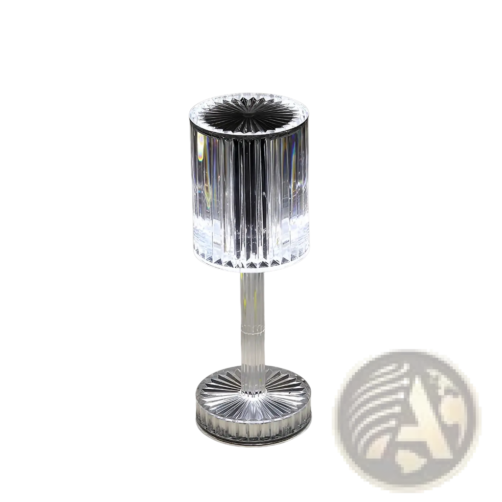 Crystal table lamp with faceted glass body and base featuring 3 way dimmable touch control night light function