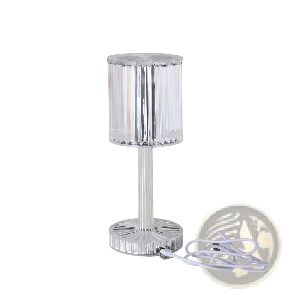 Clear faceted crystal table lamp with silver base and stem featuring 3 way dimmable touch control night light
