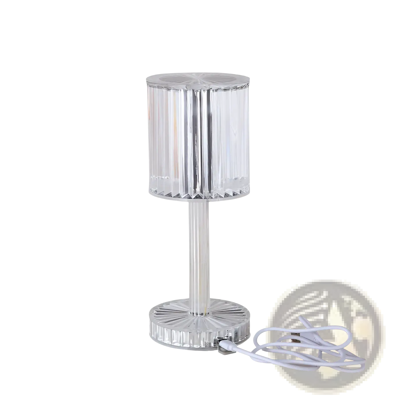 Clear faceted crystal table lamp with silver base and stem featuring 3 way dimmable touch control night light