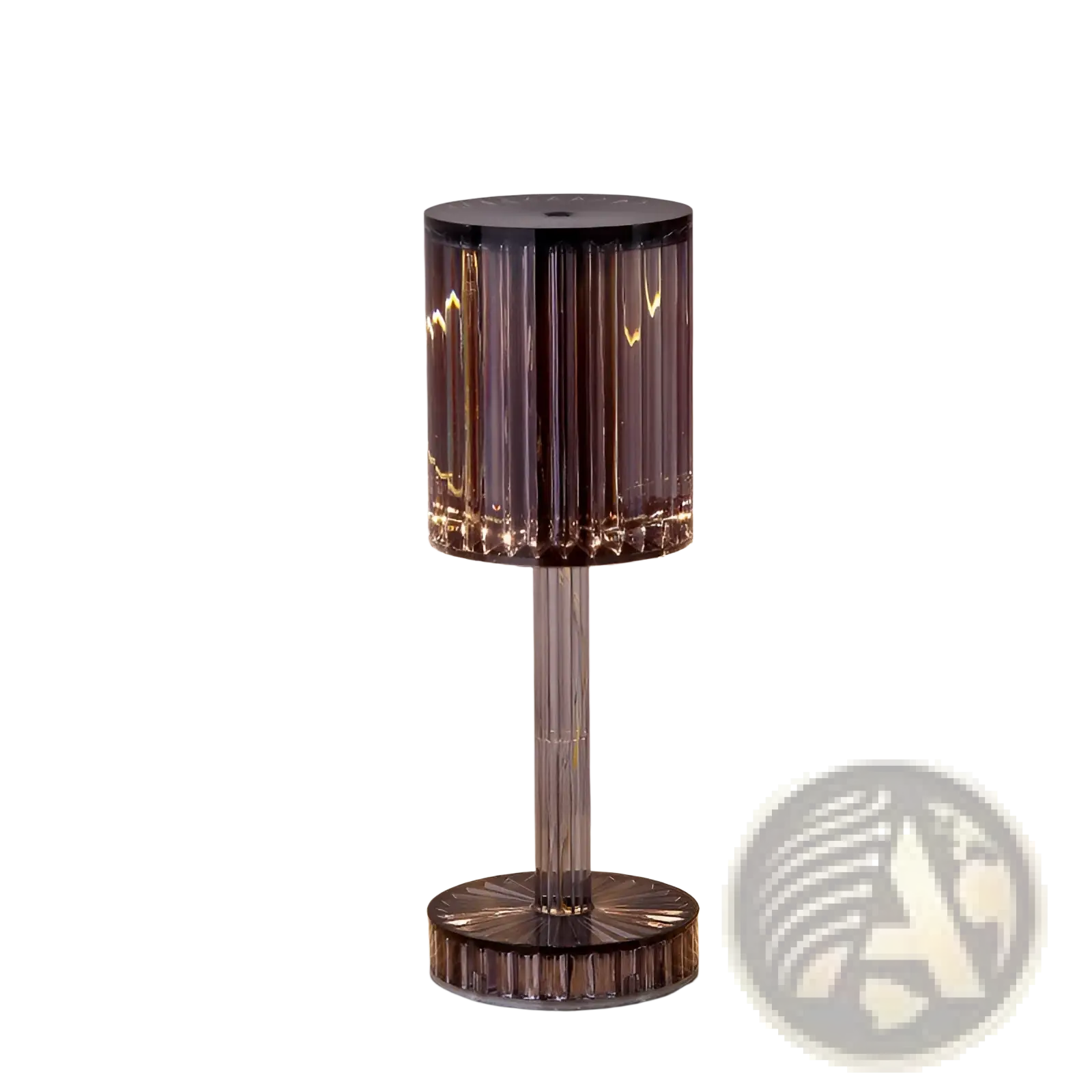 Crystal table lamp with a faceted dark glass cylinder and base featuring 3 way dimmable touch control night light