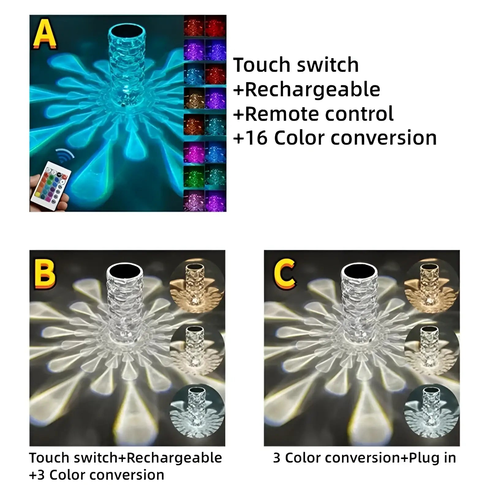 Clear crystal led candle holder with touch switch rechargeable battery and remote control for 16 color options