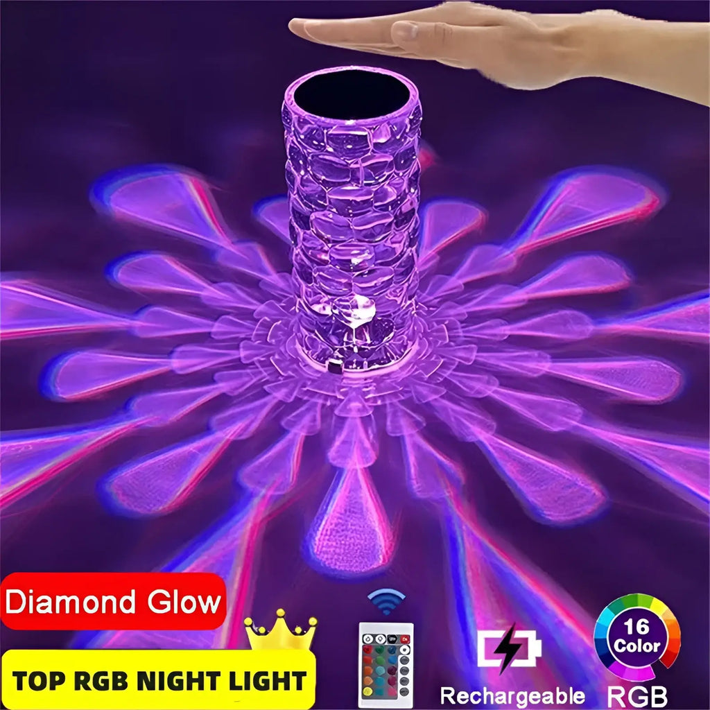 Crystal table lamp touch control diamond led night light with textured translucent cylindrical design and purple glow