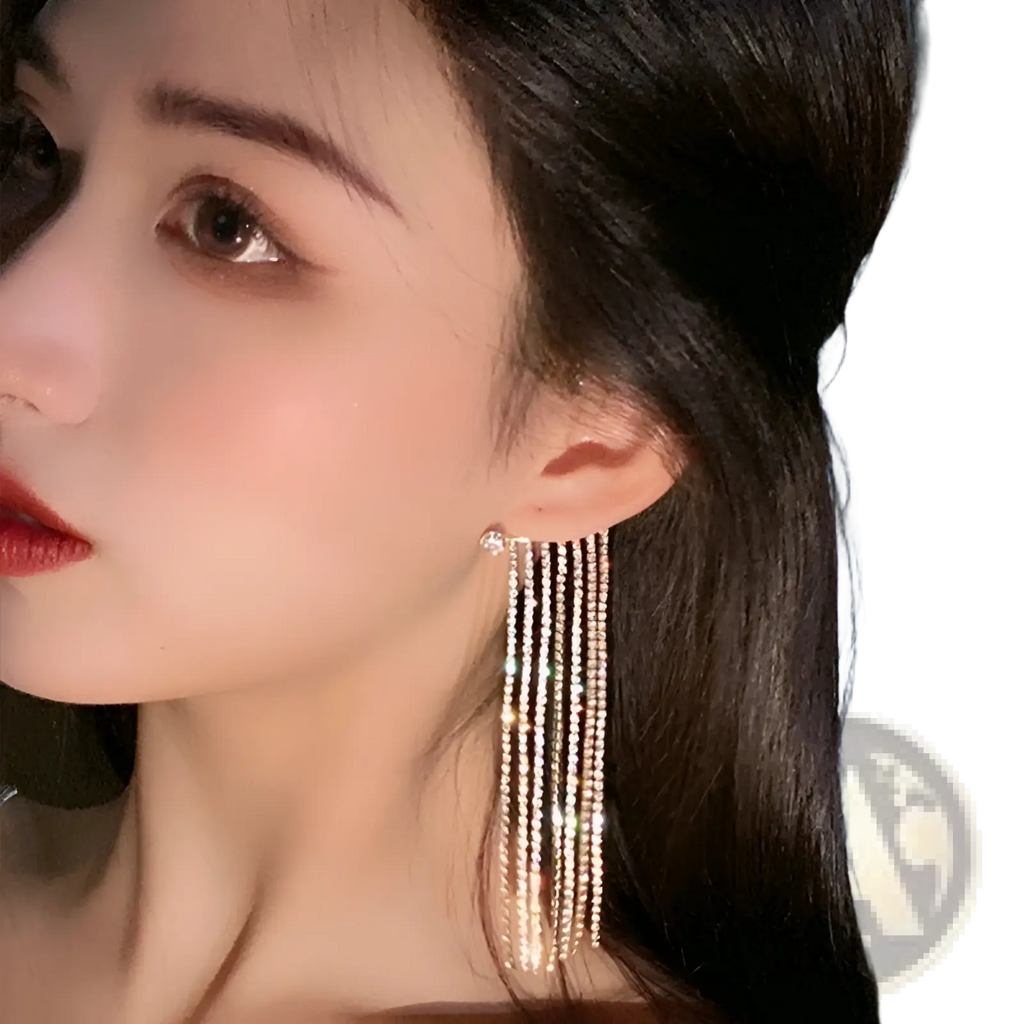 Crystal tassel 14k gold plated long drop earrings with multiple strands of clear rhinestones in a gold-tone frame