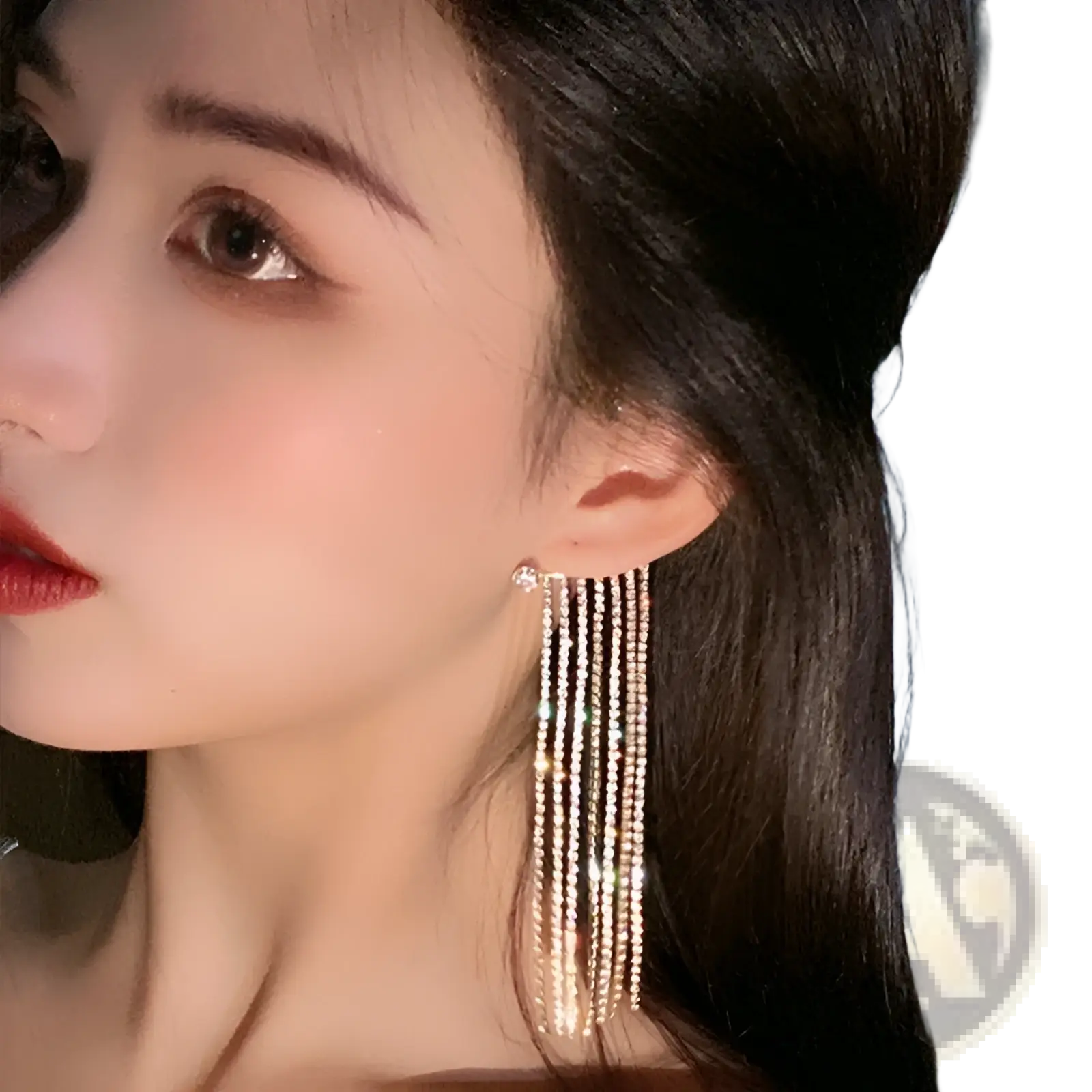 Crystal tassel 14k gold plated long drop earrings with multiple strands of clear rhinestones in a gold-tone frame