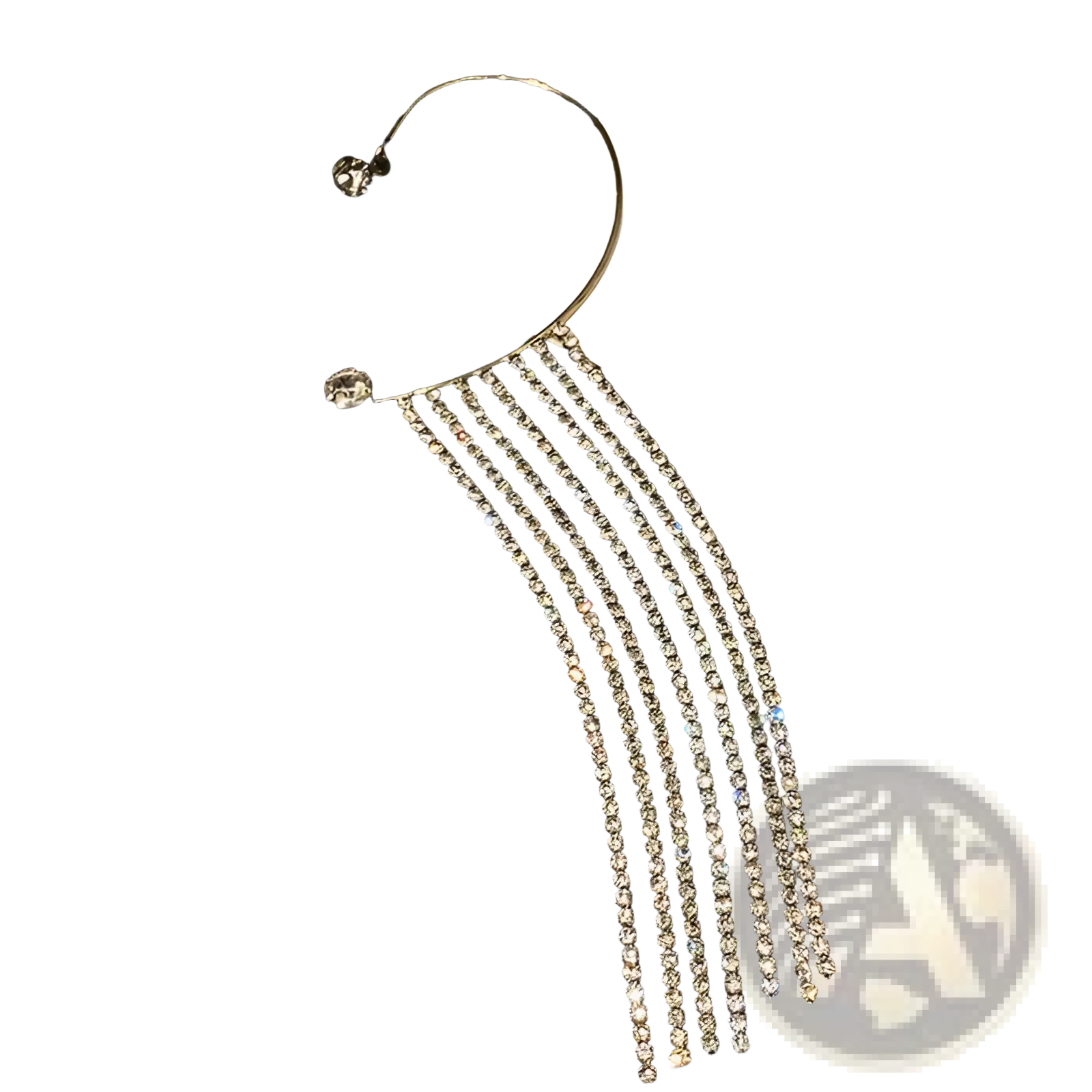 A sparkling gold-toned ear cuff with multiple cascading rows of clear rhinestones in crystal tassel style