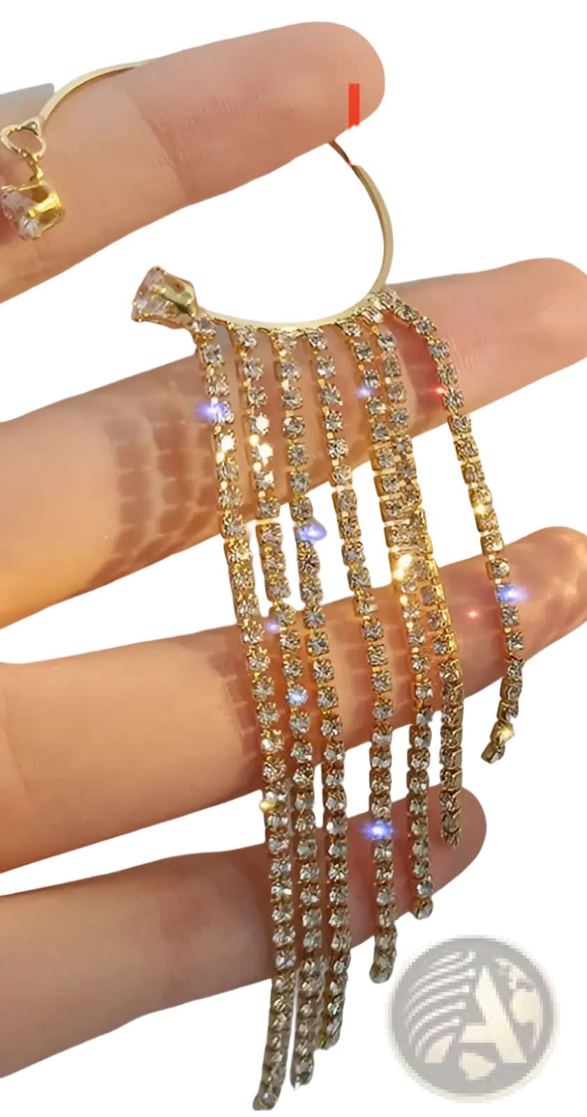 Gold-toned crystal tassel 14k gold plated long drop earrings with multiple cascading strands of clear rhinestones