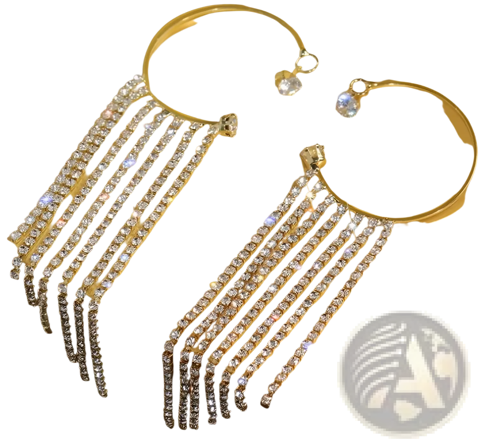 Crystal tassel 14k gold plated long drop earrings with gold hoops and cascading clear rhinestone strands