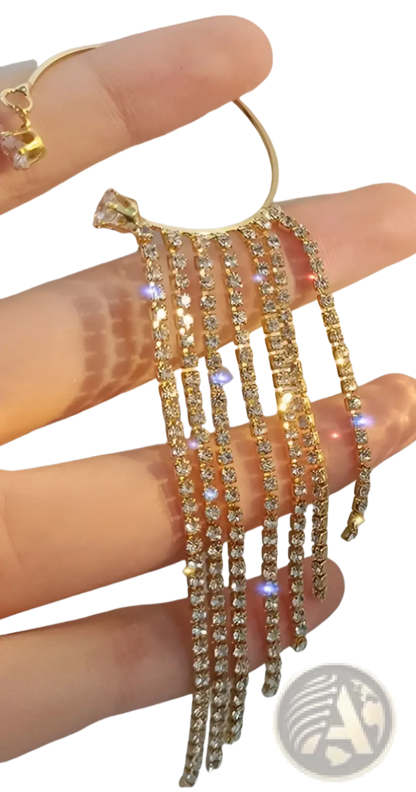 Gold plated long drop earrings with cascading clear rhinestone strands in a crystal tassel design