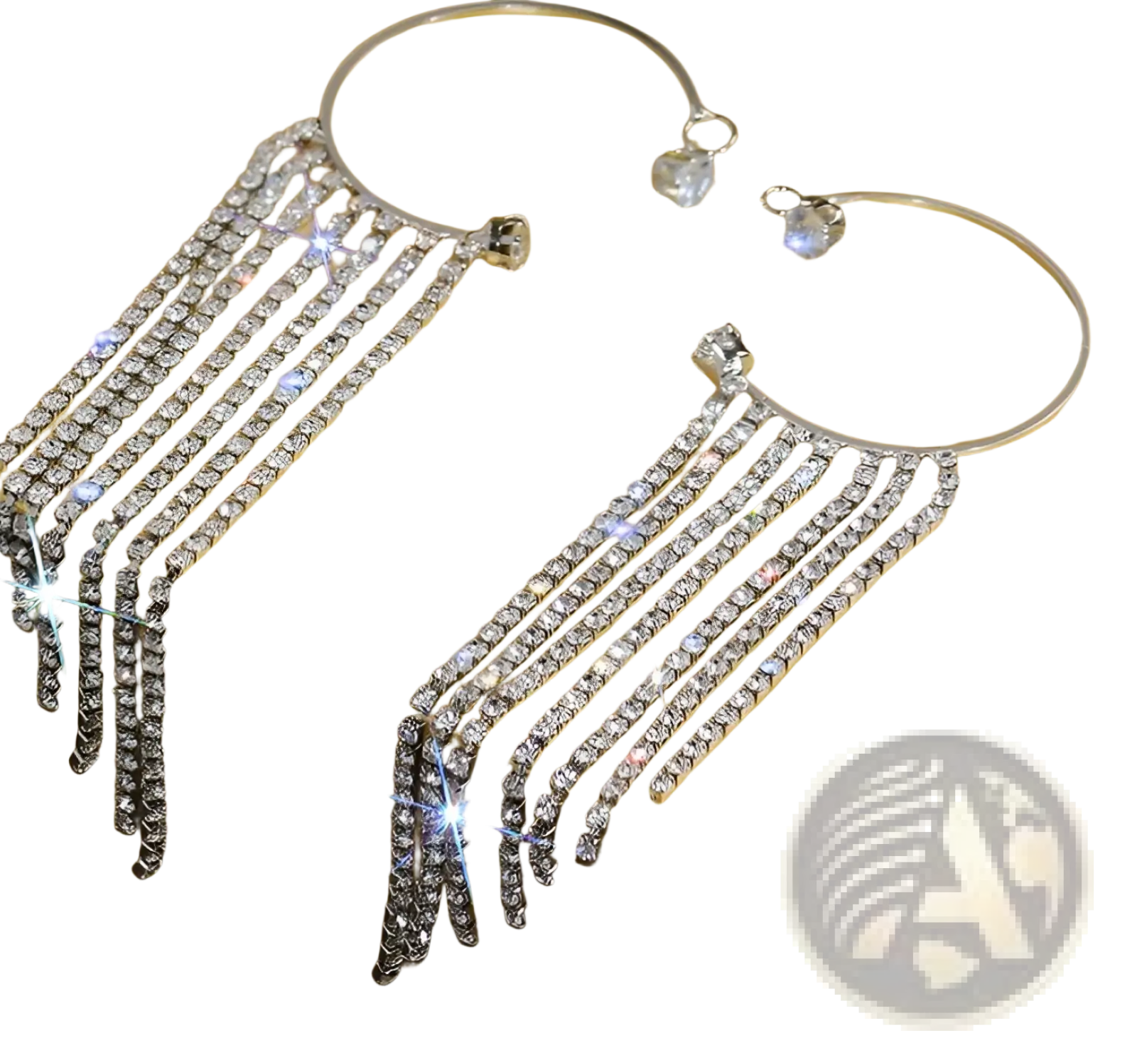Crystal tassel 14k gold plated long drop earrings with shiny silver hoop and cascading rhinestone rows