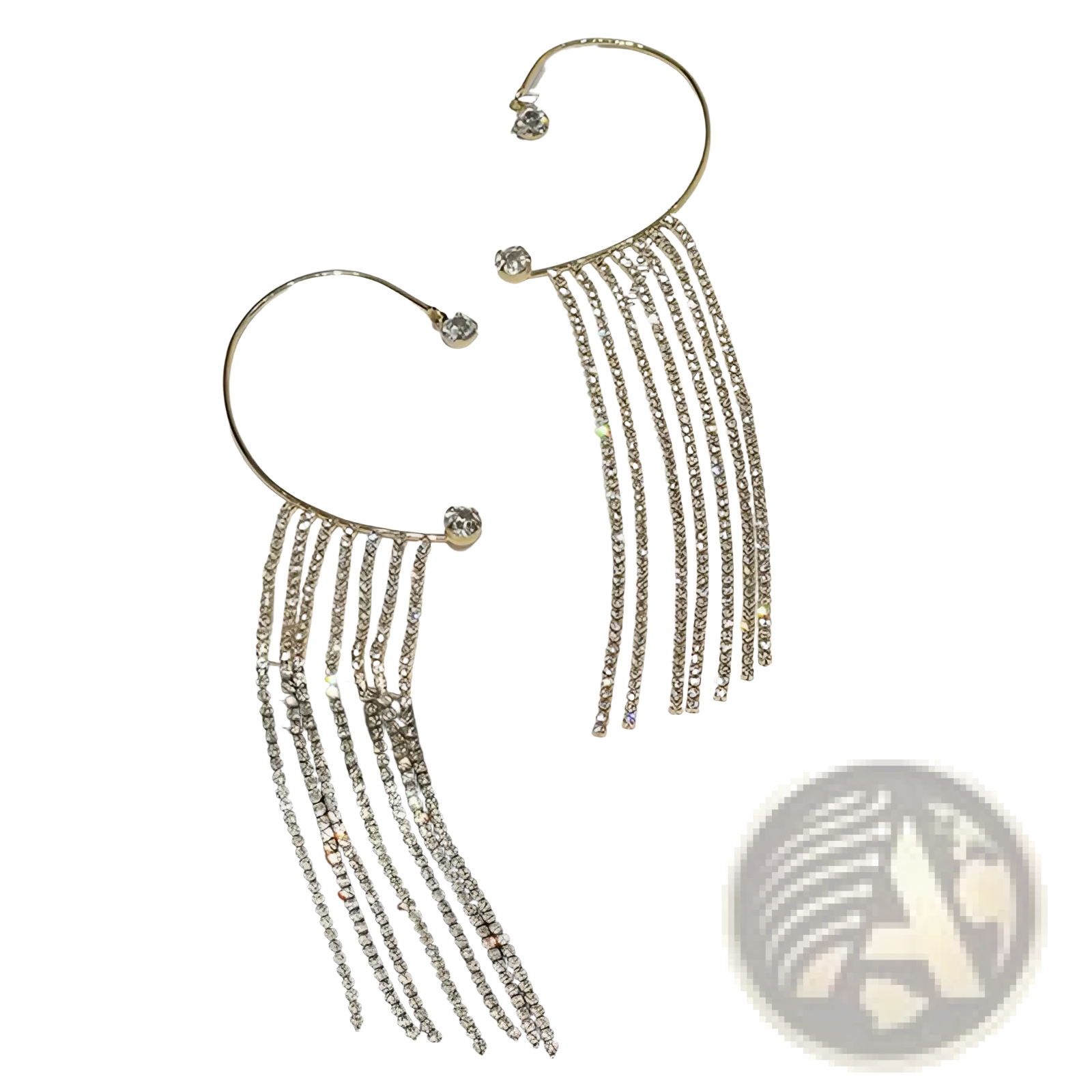 Crystal tassel 14k gold plated long drop earrings featuring gold-toned hoops with cascading clear rhinestone strands