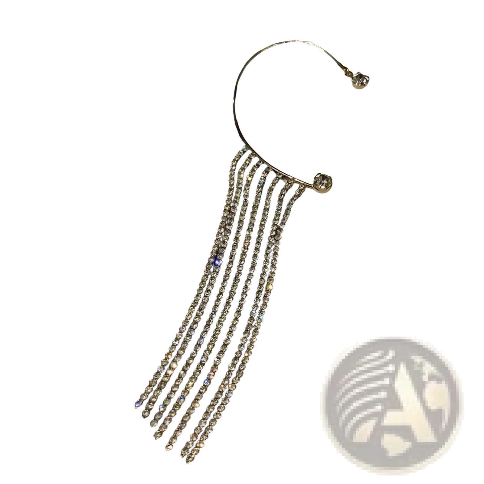 Crystal tassel 14k gold plated long drop earrings featuring gold-toned ear cuff with cascading clear rhinestone strands