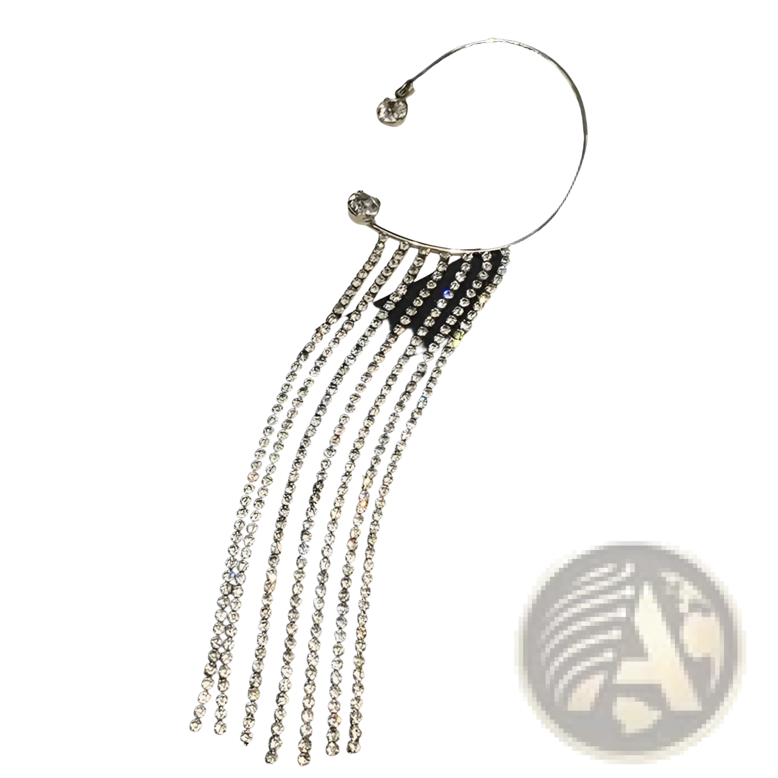 Silver rhinestone ear cuff with cascading clear crystal strands complementing 14k gold plated long drop earrings