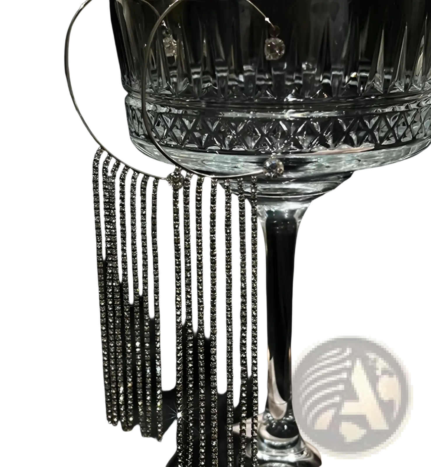 A sparkling silver crystal tassel 14k gold plated long drop earring with dangling rhinestone strands and a circular hoop