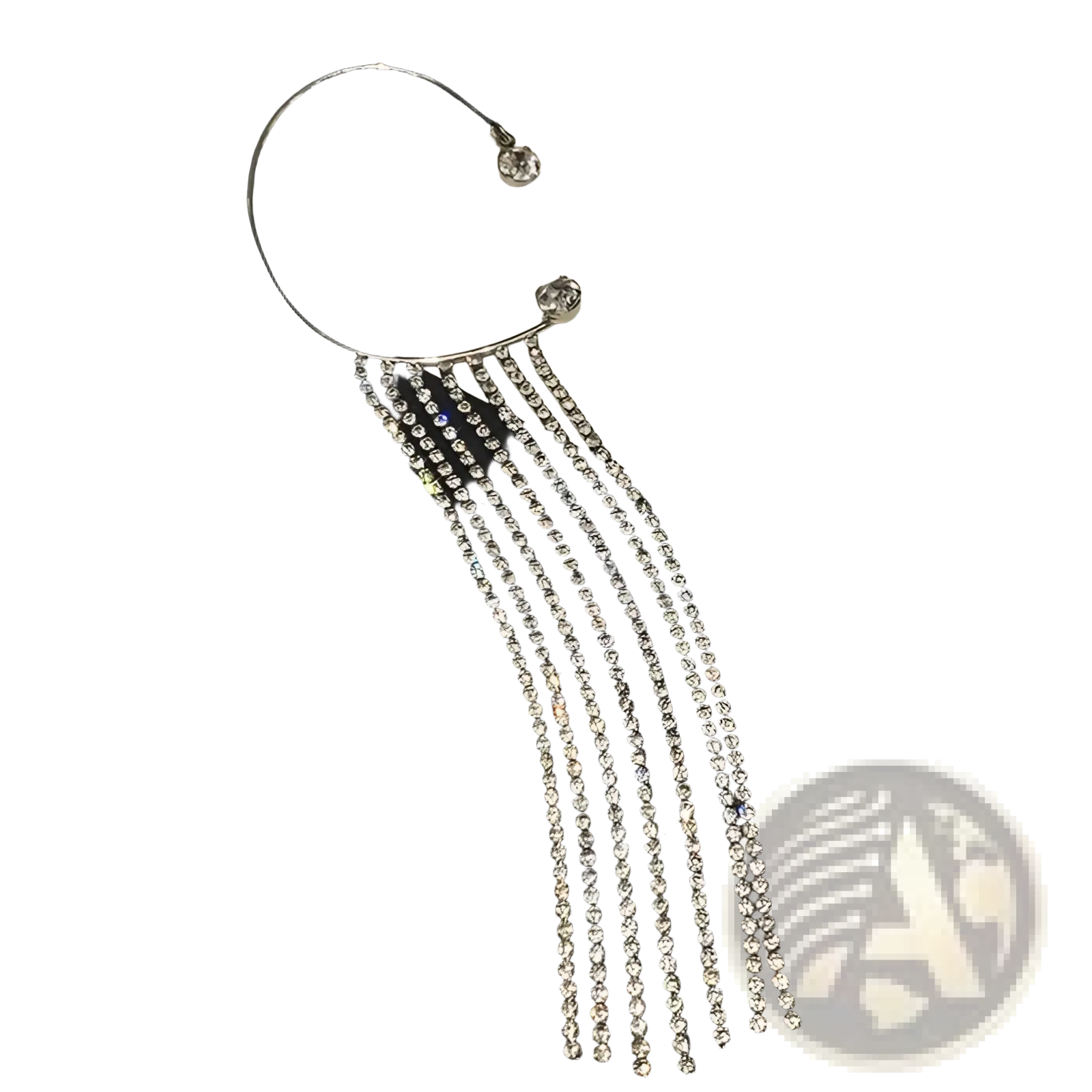 Silver rhinestone fringe ear cuff with curved metal band and cascading clear crystals alongside 14k gold plated drop earrings