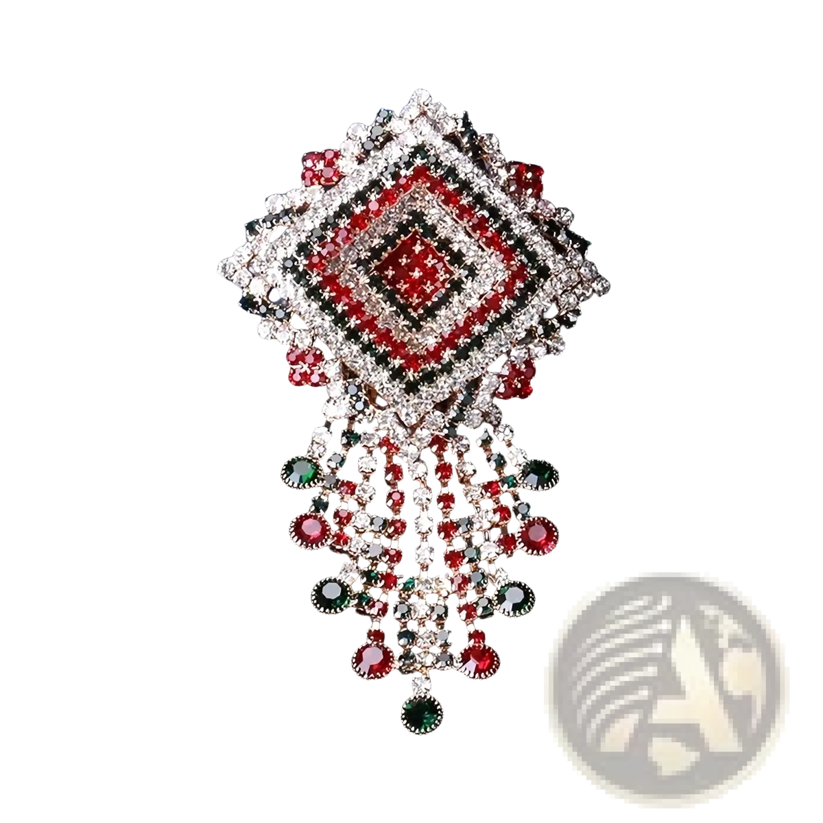 Crystal tassel brooch vintage palace jewelry featuring a sparkling diamond pattern with red green and silver rhinestones