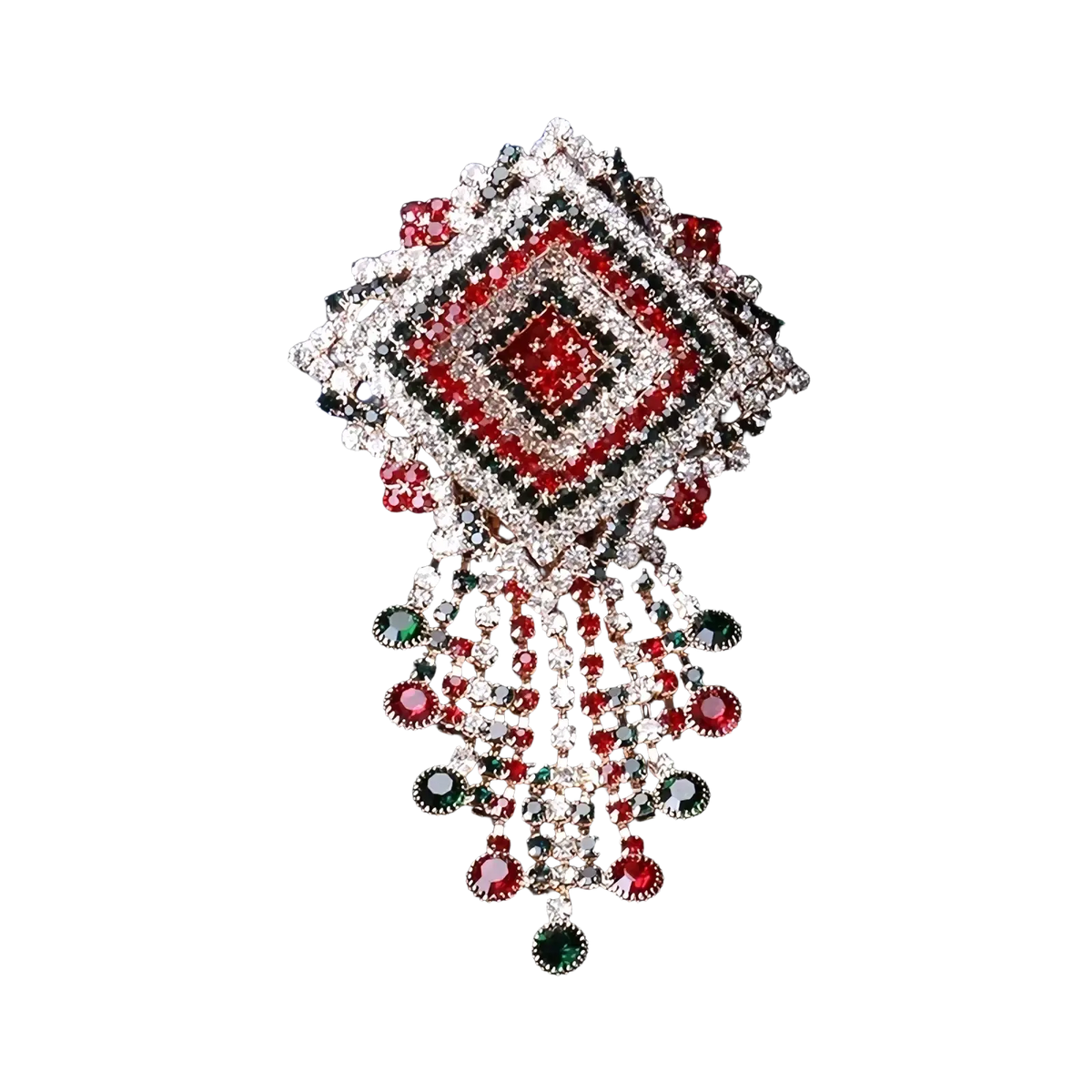 A sparkling crystal tassel brooch with red green and silver rhinestones in a diamond geometric vintage design