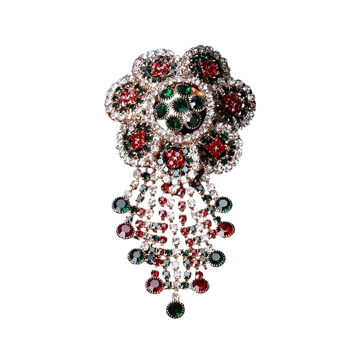 A sparkling red green and clear rhinestone floral crystal tassel brooch with a vintage palace jewelry cascade design