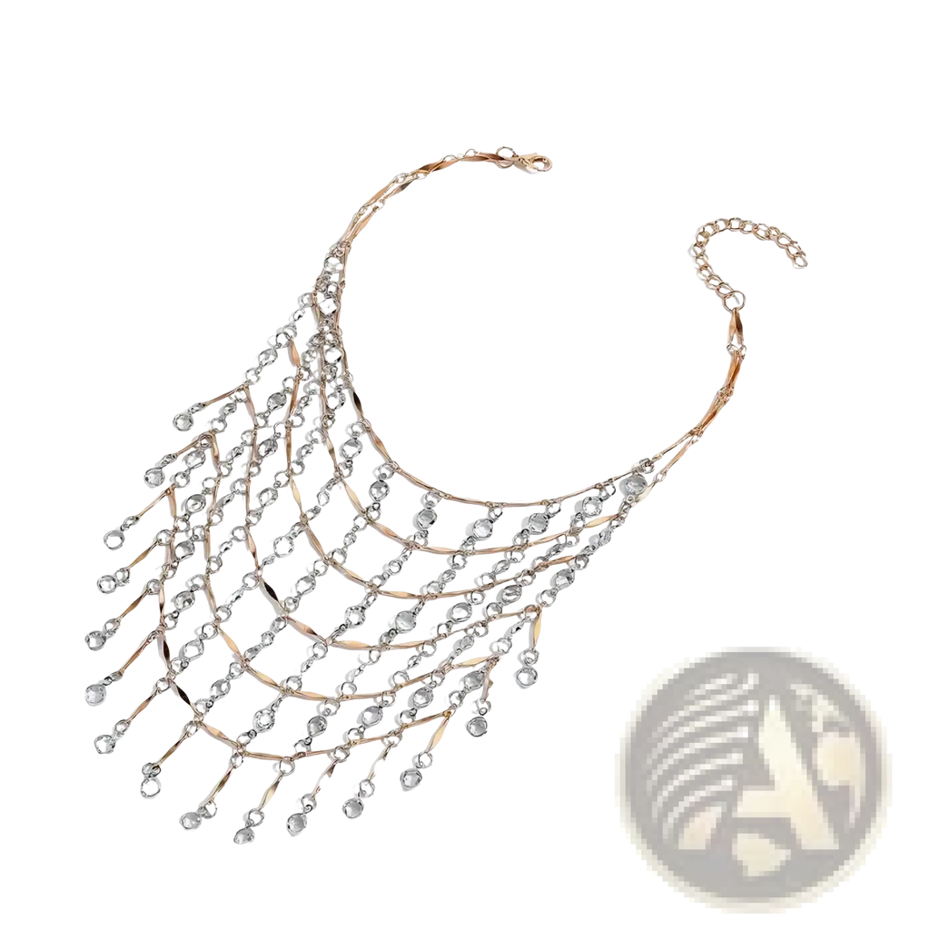 A delicate rose gold crystal tassel choker necklace with cascading clear crystals and metallic links