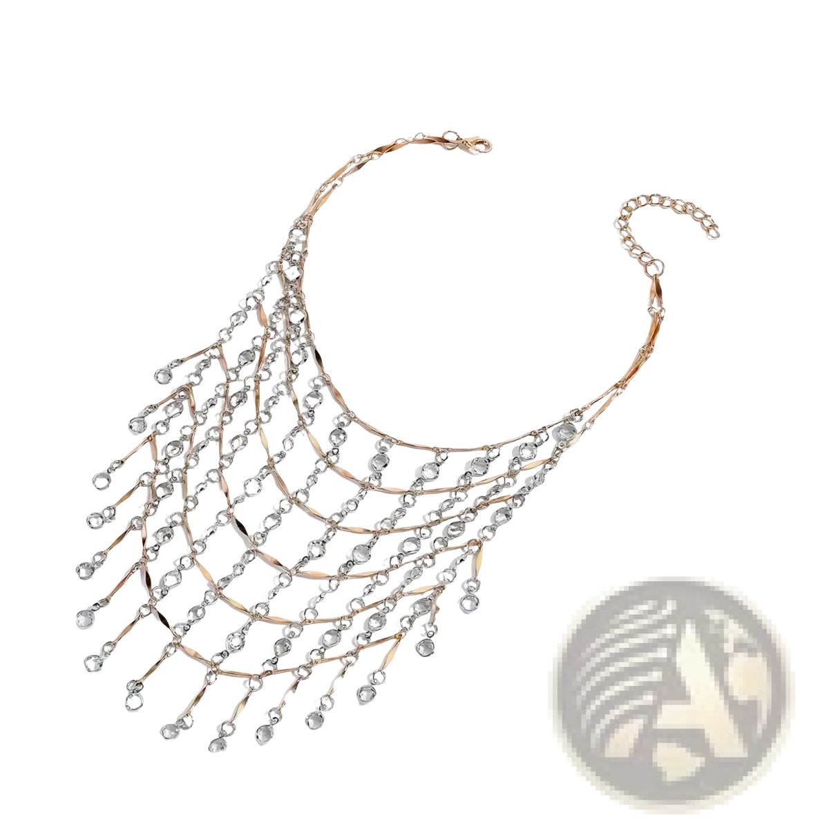 A delicate rose gold crystal tassel choker necklace with cascading clear crystals and metallic links
