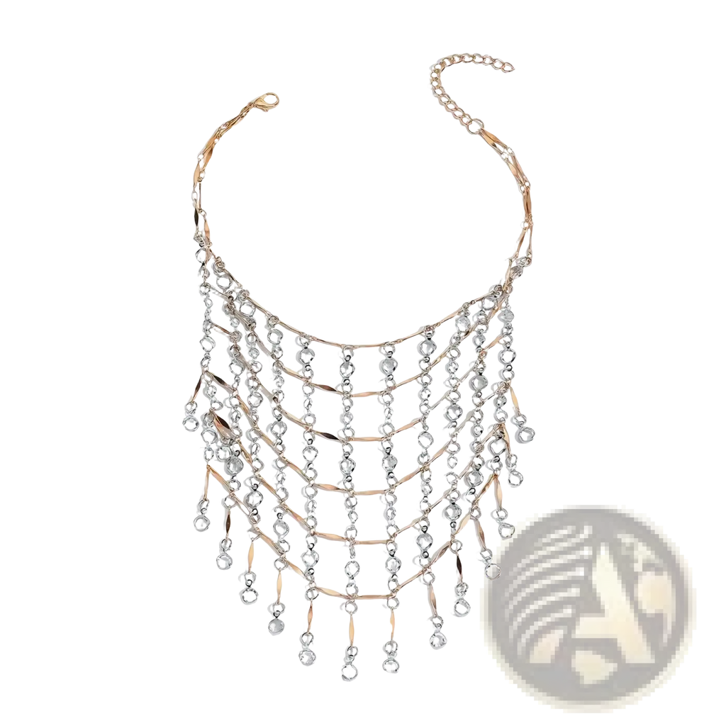 A layered two-tone crystal tassel choker necklace with rose gold and silver chains and dangling crystal beads