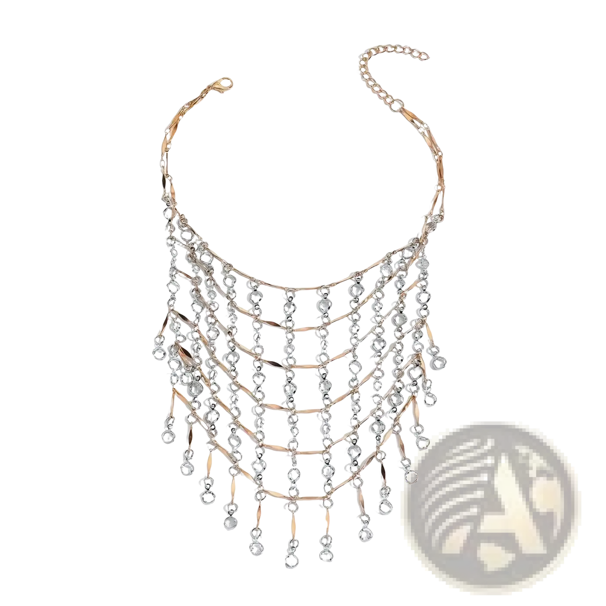 A layered two-tone crystal tassel choker necklace with rose gold and silver chains and dangling crystal beads