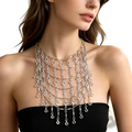 Crystal tassel choker necklace featuring multi-layered silver chains with cascading clear crystals and teardrop pendants
