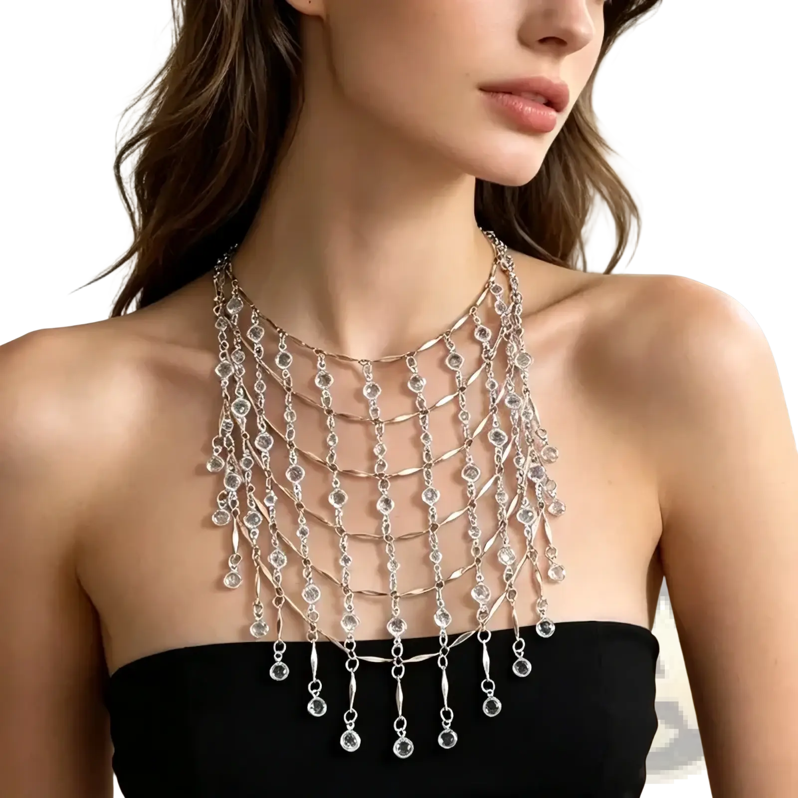 Crystal tassel choker necklace featuring multi-layered silver chains with cascading clear crystals and teardrop pendants