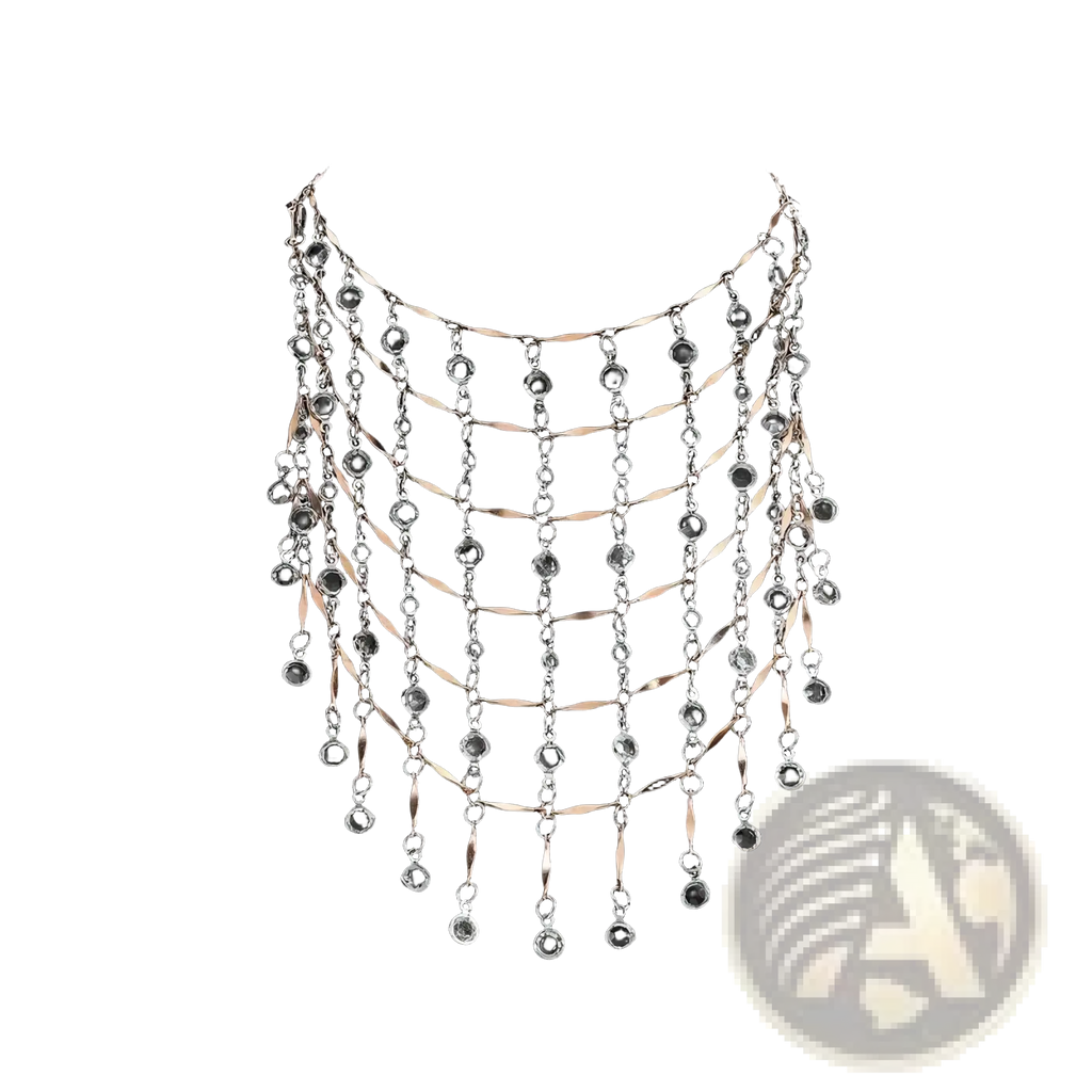 Multi-layered crystal tassel choker necklace with silver and rose gold chains clear crystal beads and teardrop pendants