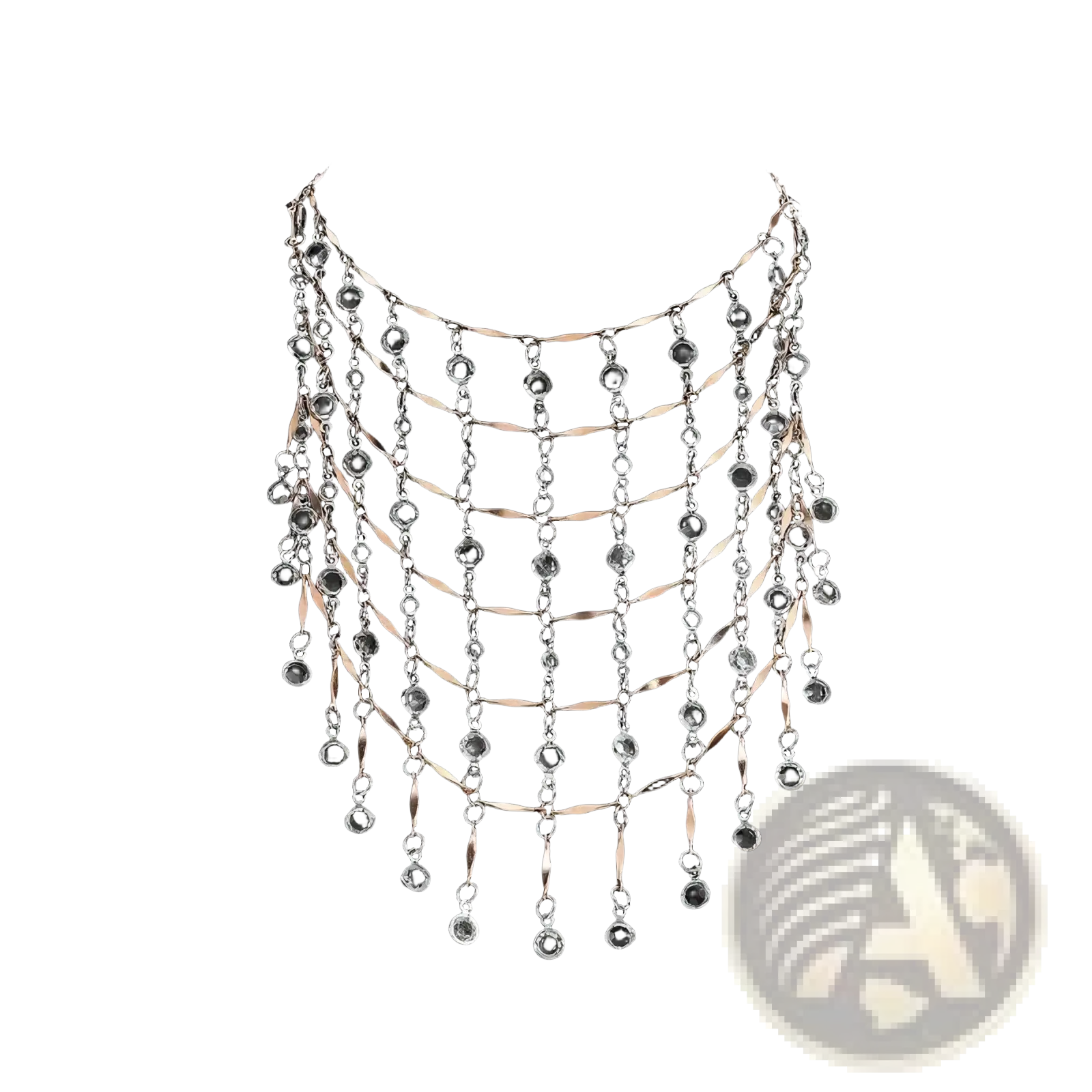 Multi-layered crystal tassel choker necklace with silver and rose gold chains clear crystal beads and teardrop pendants