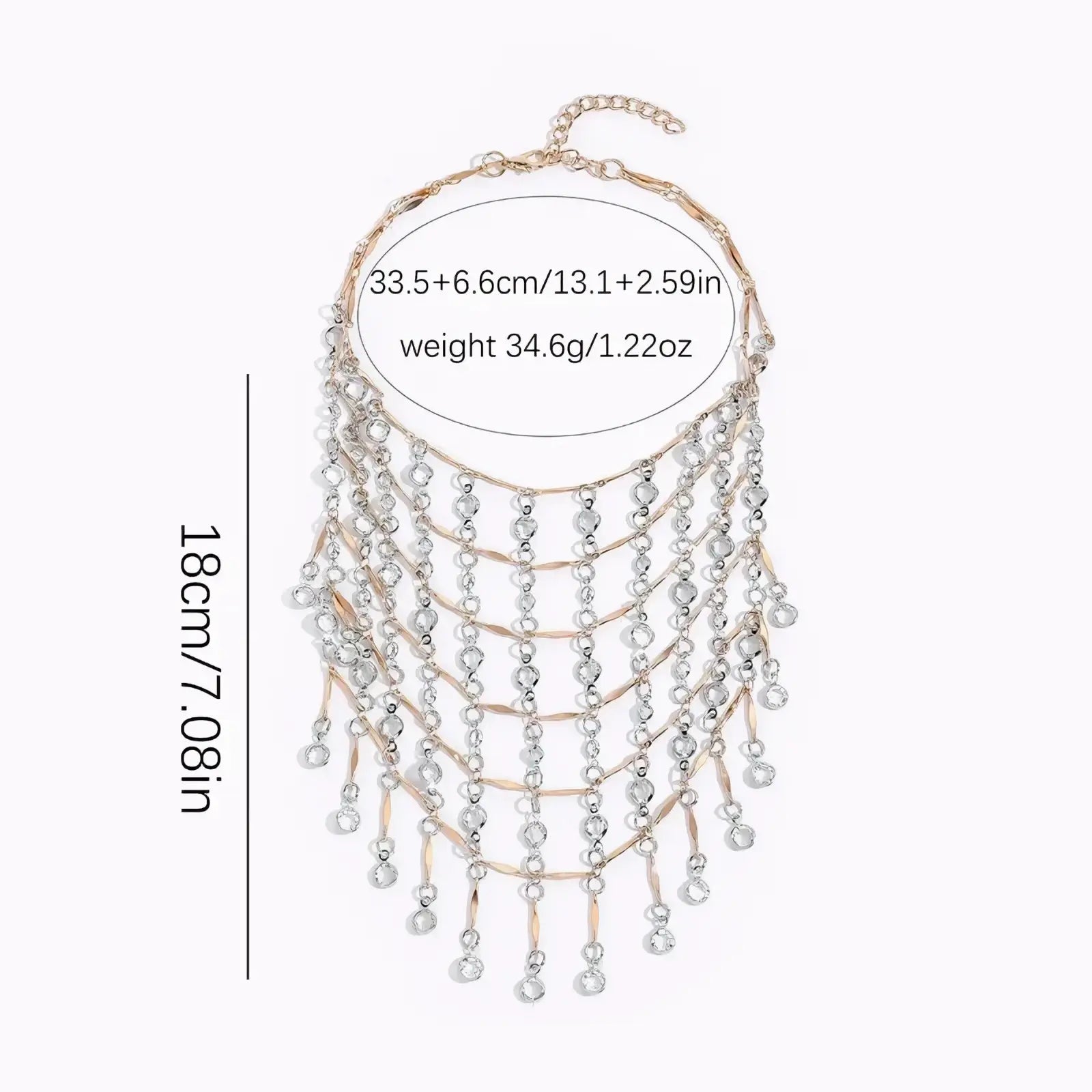 Crystal tassel choker necklace with cascading crystal beads and rose gold toned metal chains in multi tiered design