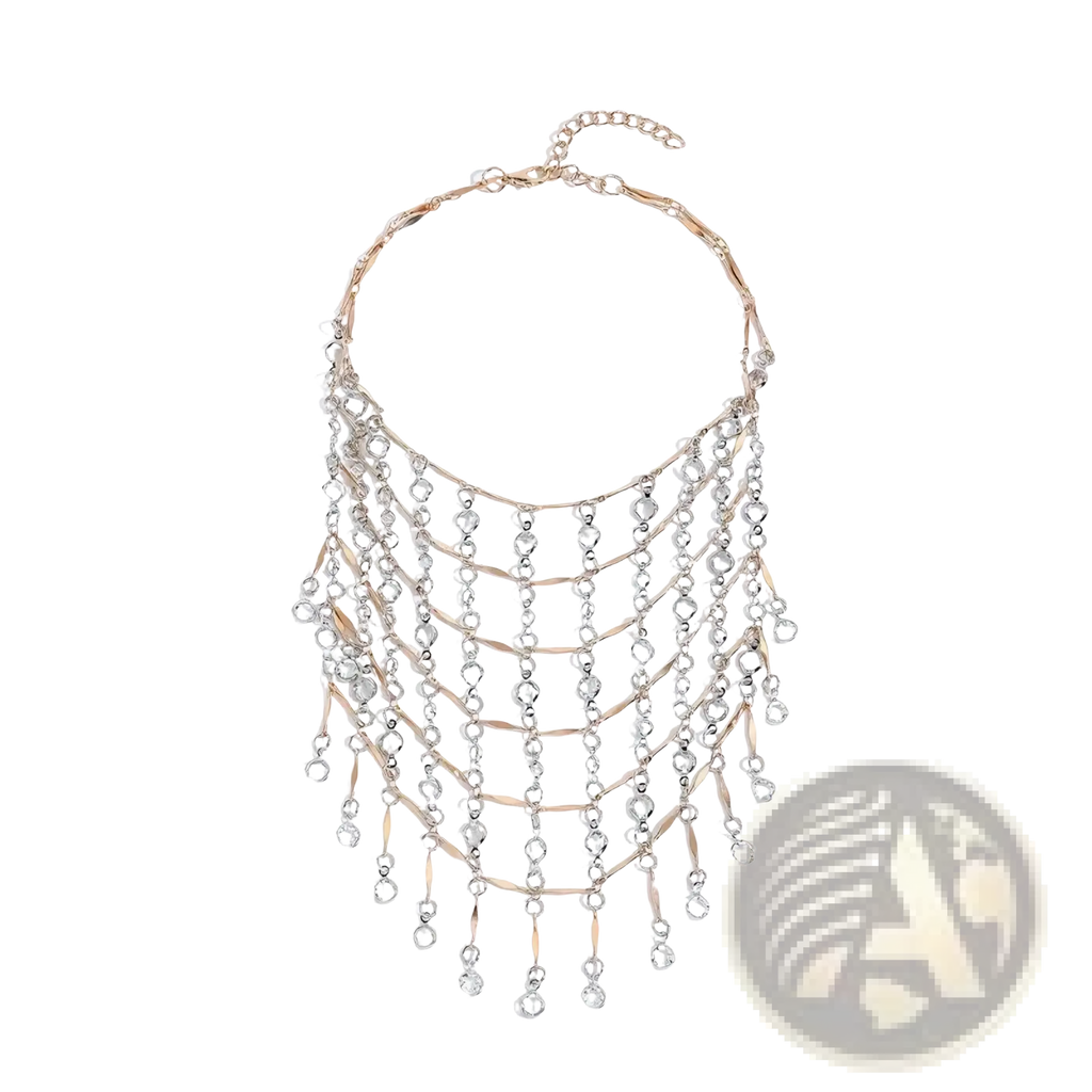 Crystal tassel choker necklace with rose gold toned metal chains and clear faceted bead strands cascading tiers