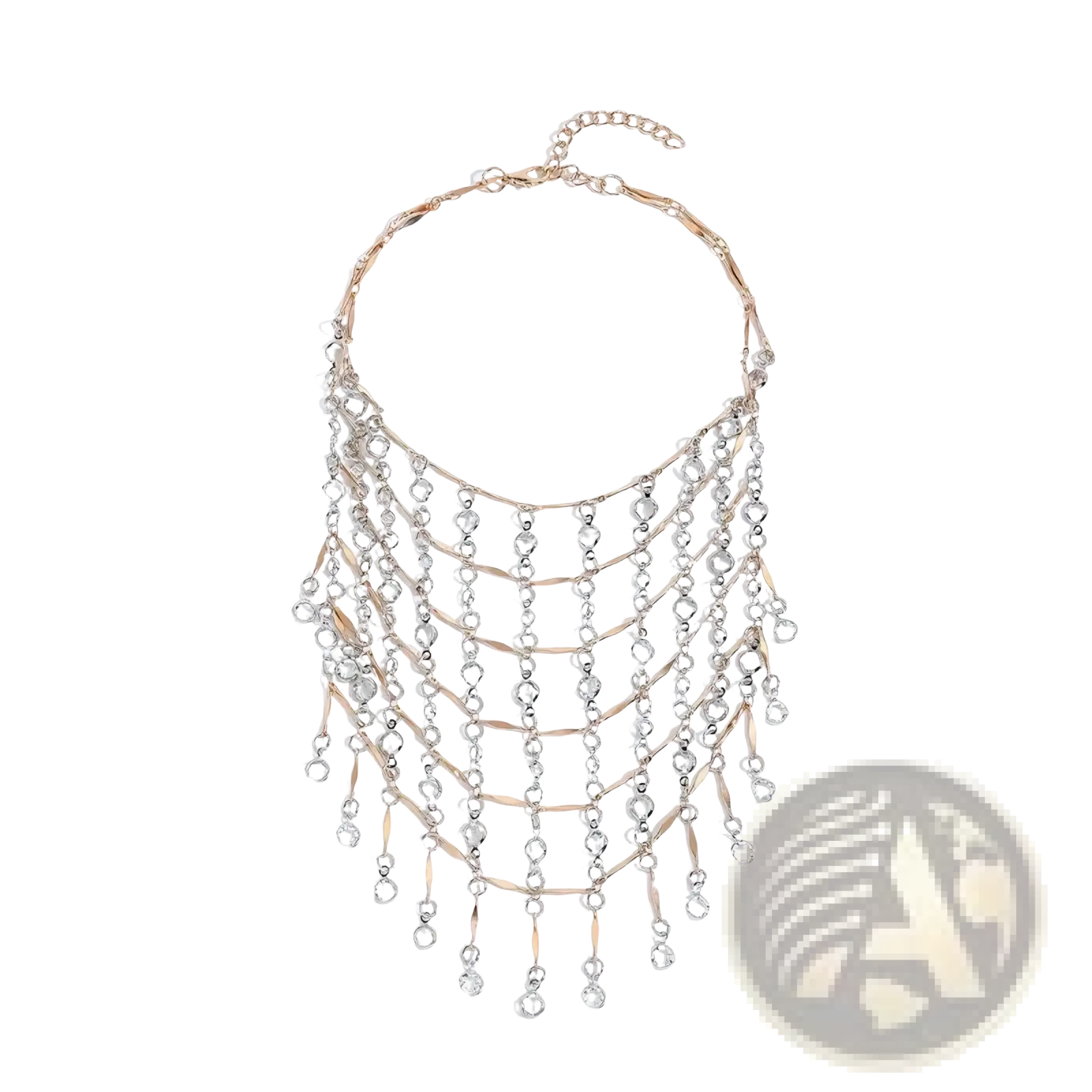 Crystal tassel choker necklace with rose gold toned metal chains and clear faceted bead strands cascading tiers