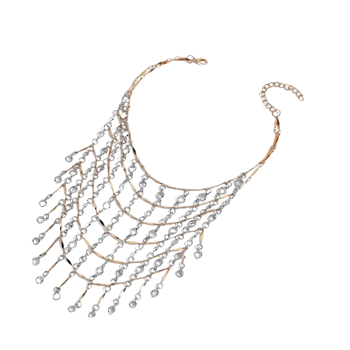 A delicate rose gold crystal tassel choker necklace with cascading clear crystals and metallic links