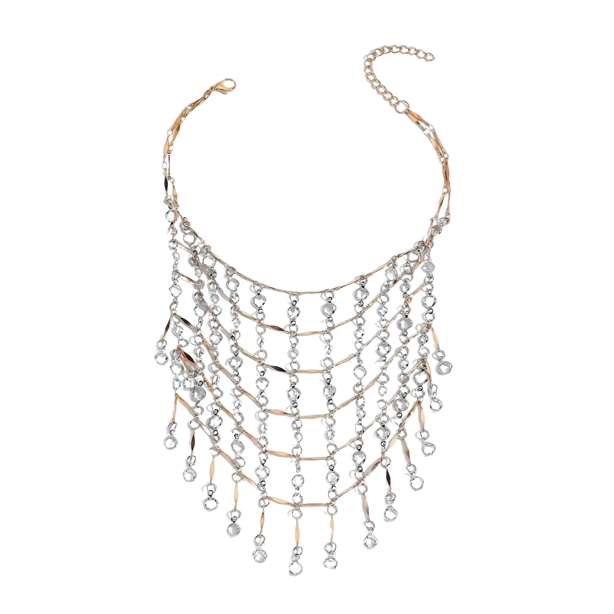 A layered two-tone crystal tassel choker necklace with rose gold and silver chains and dangling crystal beads