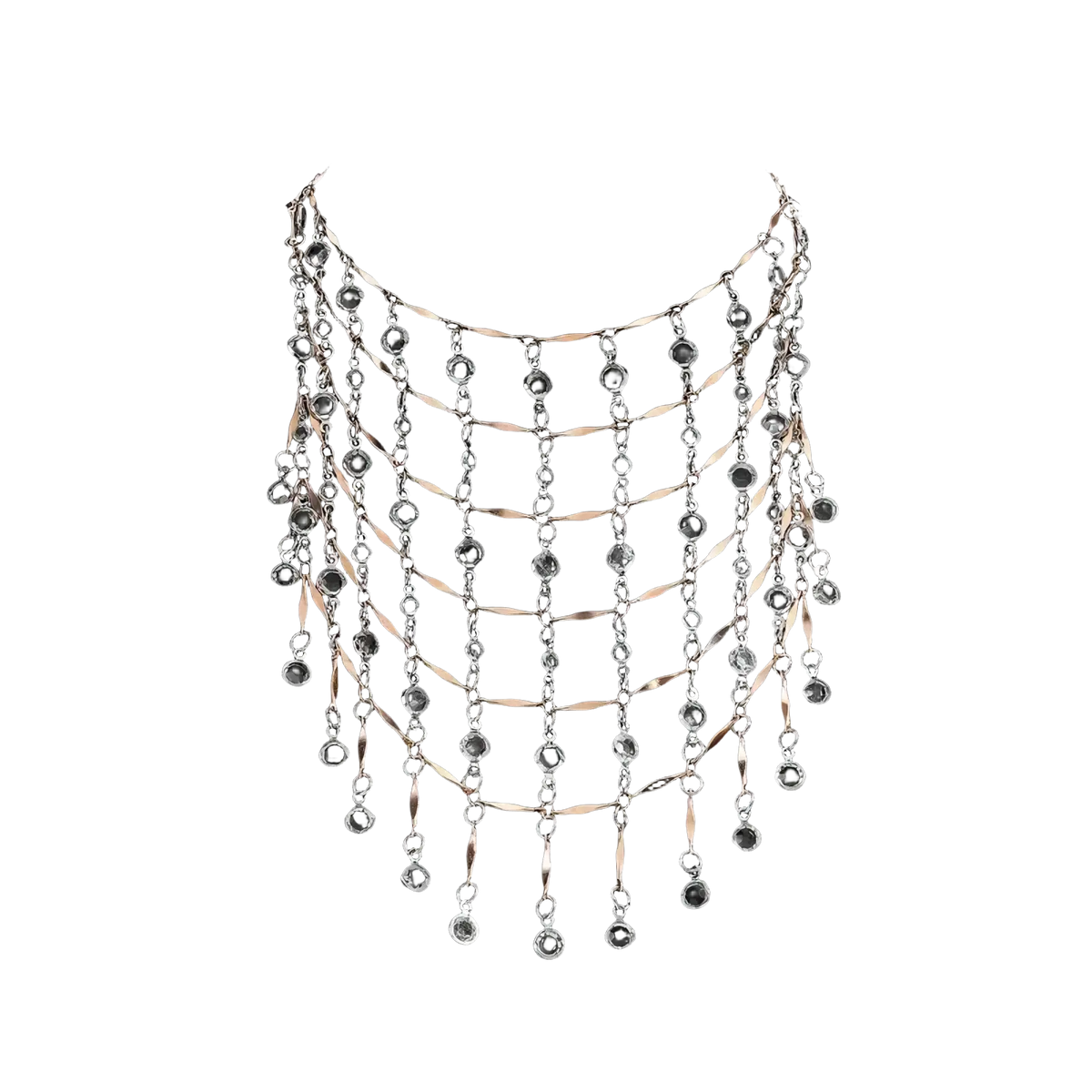 Multi-layered crystal tassel choker necklace with silver and rose gold chains clear crystal beads and teardrop pendants