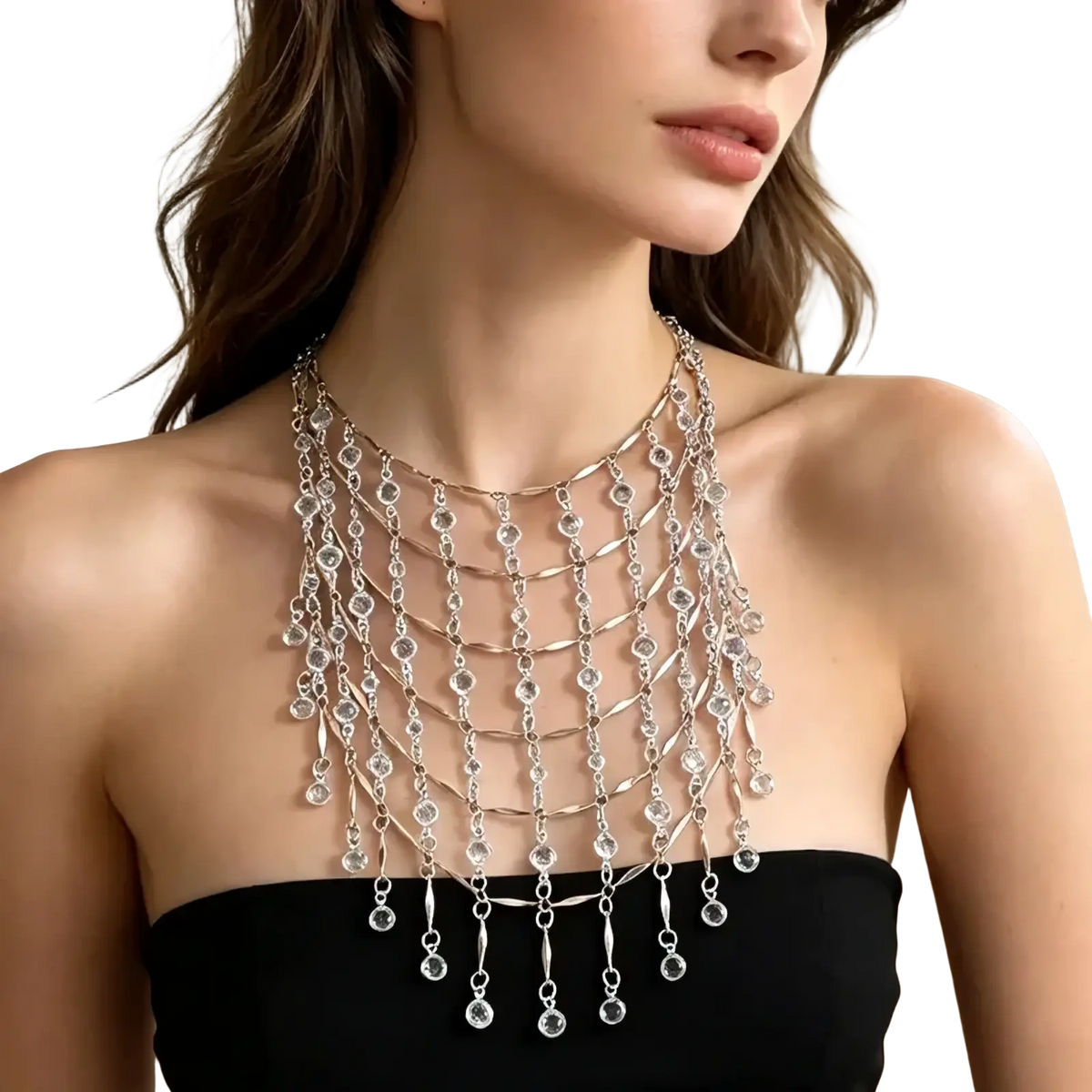 Crystal tassel choker necklace featuring multi-layered silver chains with cascading clear crystals and teardrop pendants