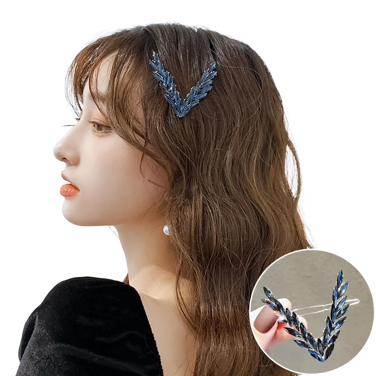 Blue crystal-embellished v-shaped hair clip made from decorative crystals in elegant v shape design