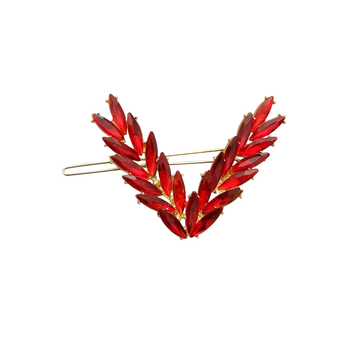 A decorative red crystal leaf hair clip with gold-tone metal base from the crystal v shape hair clip set