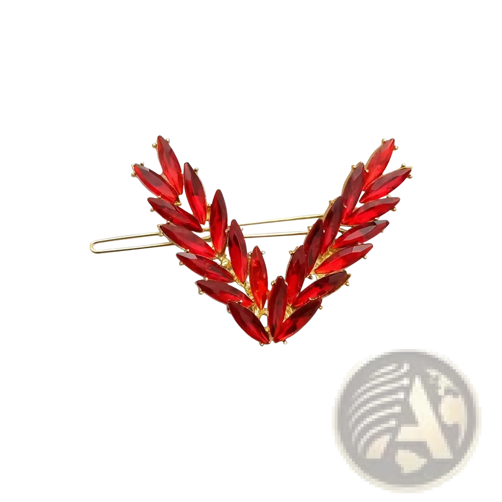 A decorative red crystal leaf hair clip with gold-tone metal base from the crystal v shape hair clip set