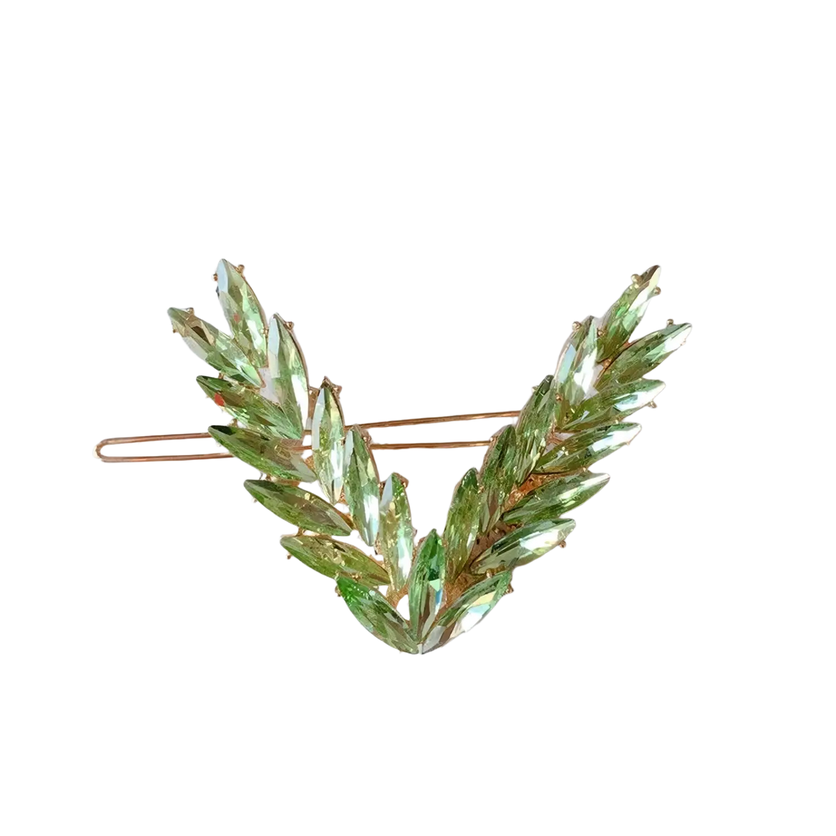 A delicate green crystal leaf hair clip with gold-toned metal base from the crystal v shape hair clip set