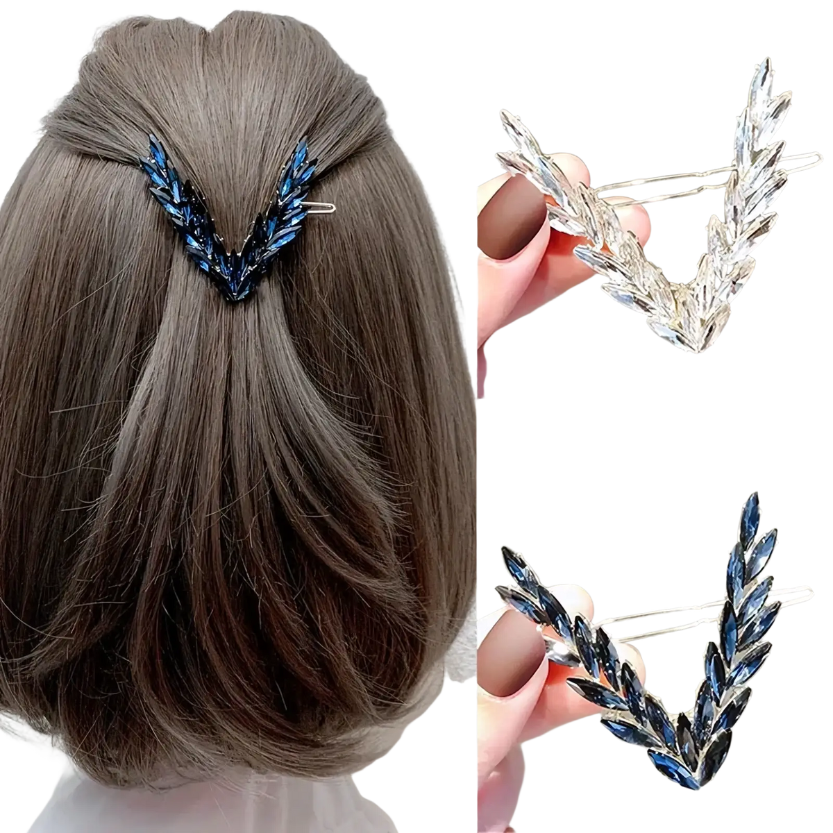 Elegant silver crystal v shape hair clip adorned with sparkling blue and clear crystal leaves for formal wear