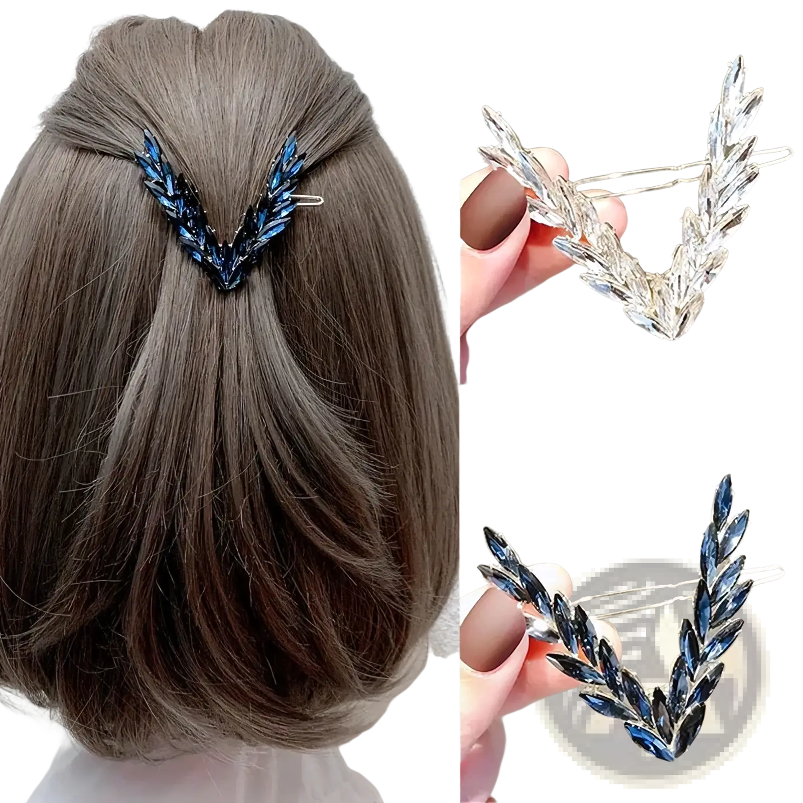 Elegant silver crystal v shape hair clip adorned with sparkling blue and clear crystal leaves for formal wear