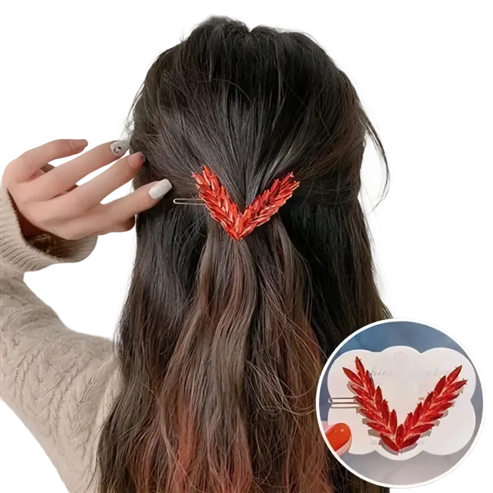 Red intricately woven wheat-leaf design hair clip from the crystal v shape hair clip set made of durable material