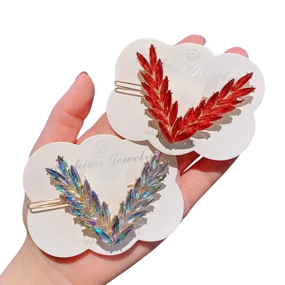 Crystal v shape hair clip set featuring red and iridescent crystal v shaped clips for elegant hairstyling