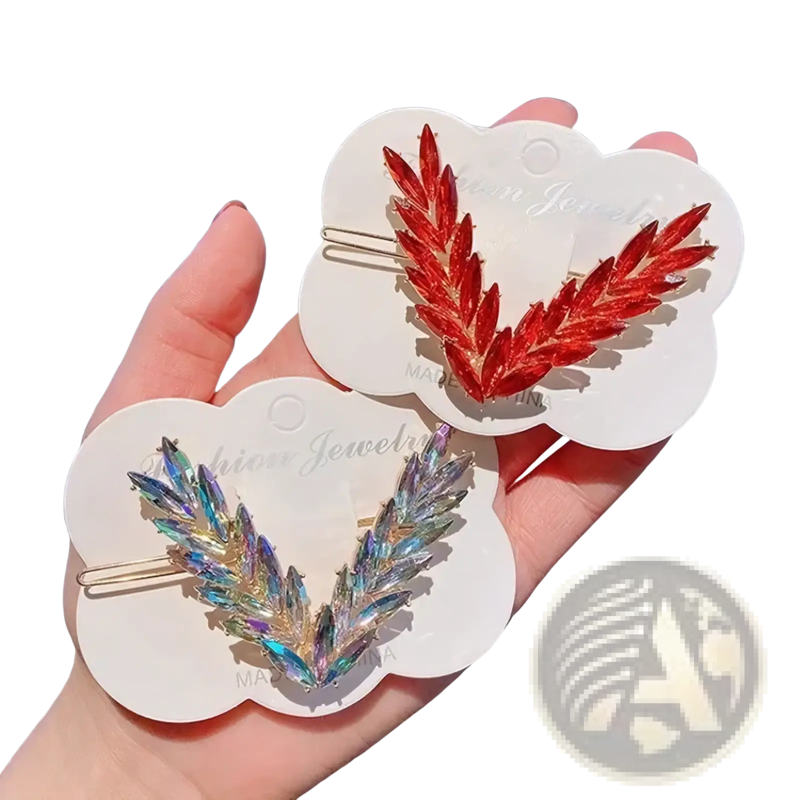 Crystal v shape hair clip set featuring red and iridescent crystal v shaped clips for elegant hairstyling