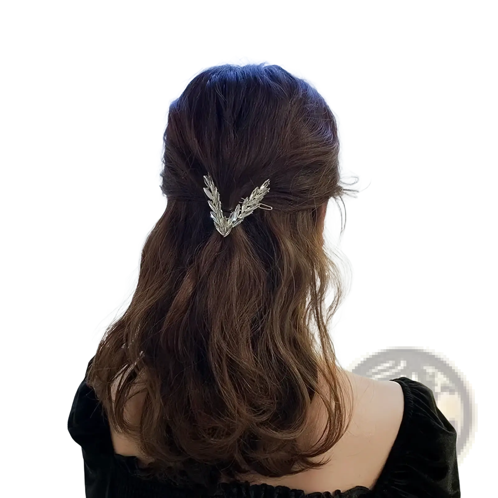Silver leaf-shaped crystal v shape hair clip holding back dark brown wavy hair for stylish hair accessory use